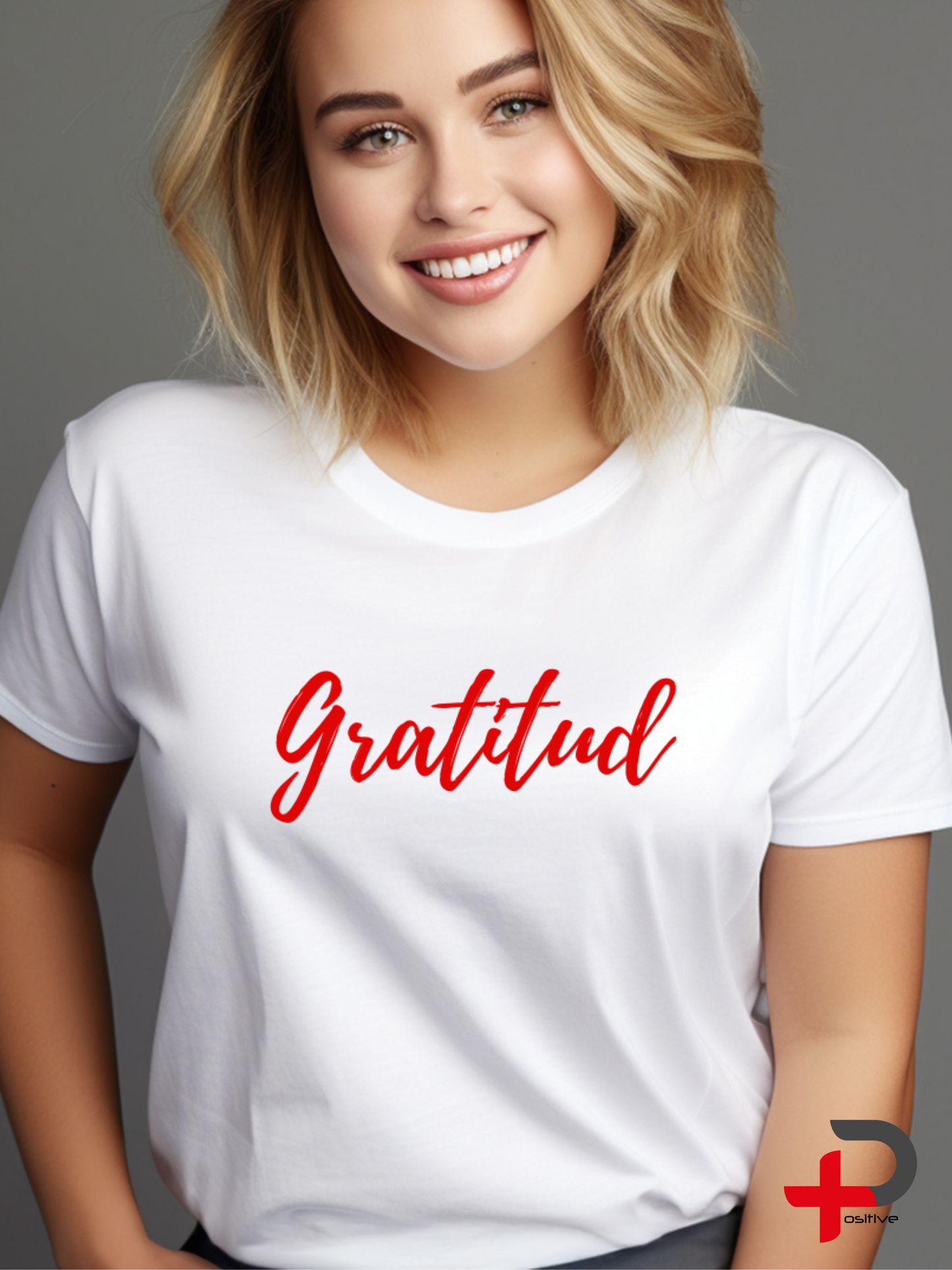 Camiseta básica blanca estampada para mujer, mensaje, positivo, motivacional. (Gratitud)