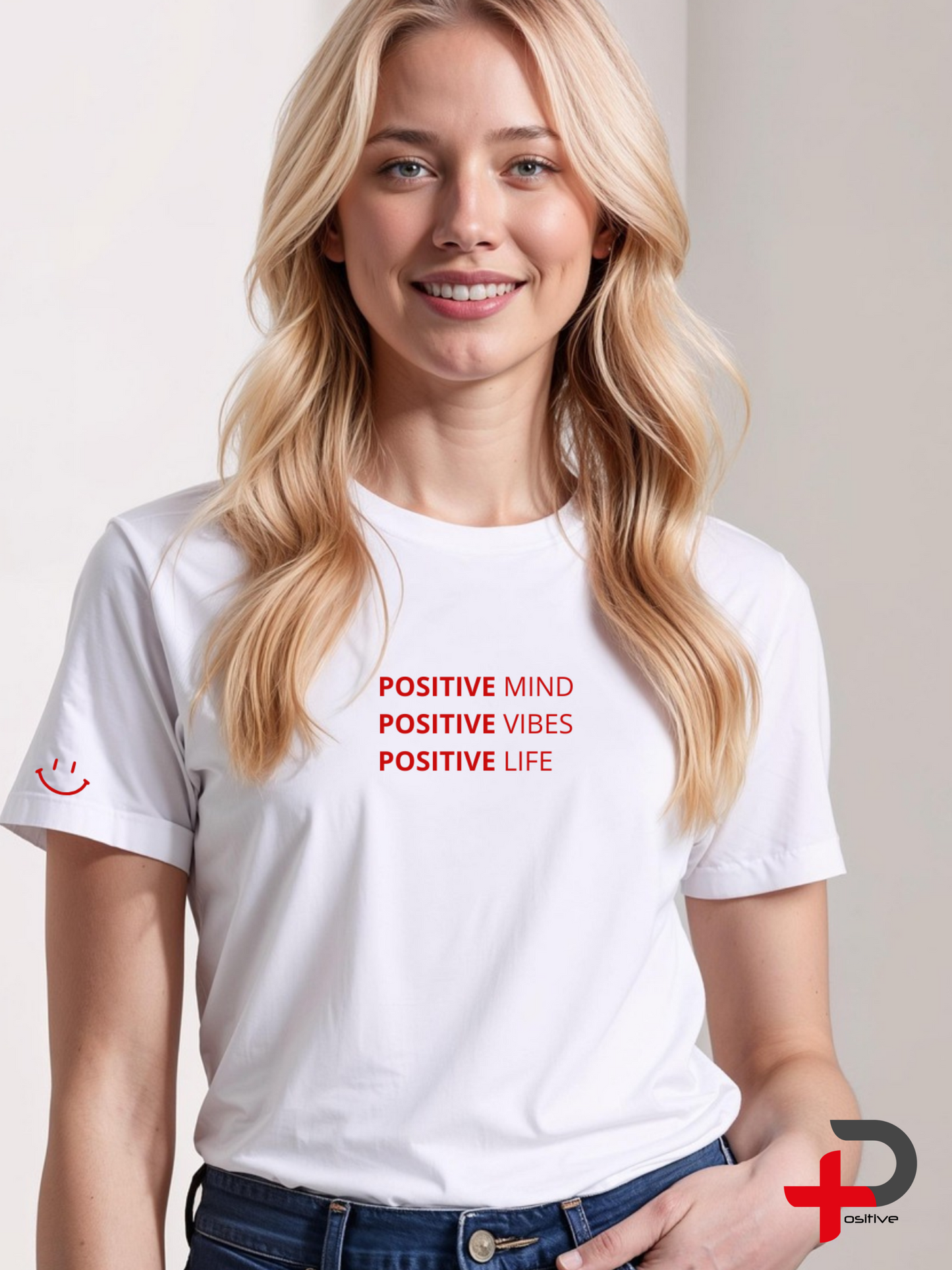 Camiseta básica blanca estampada para mujer, mensaje, positivo, motivacional. (Positive mind)