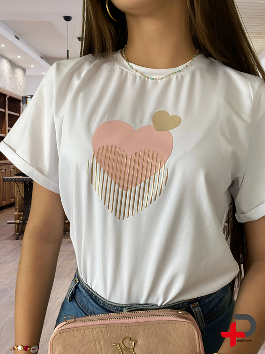 Camiseta básica blanca estampada para mujer, (Tres corazones)