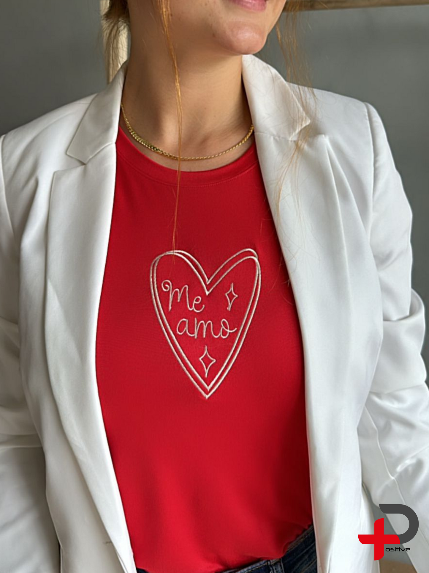 T-shirt básica bordada para mujer, mensaje, frase, positivo (Me amo)