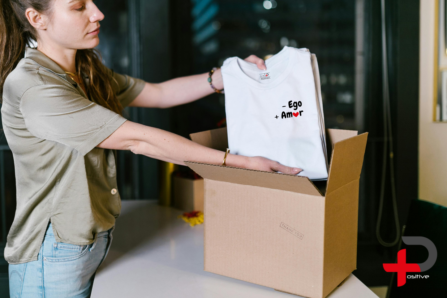 T-shirt básica blanca estampada para mujer, mensaje, frase, positivo (-Ego + Amor)