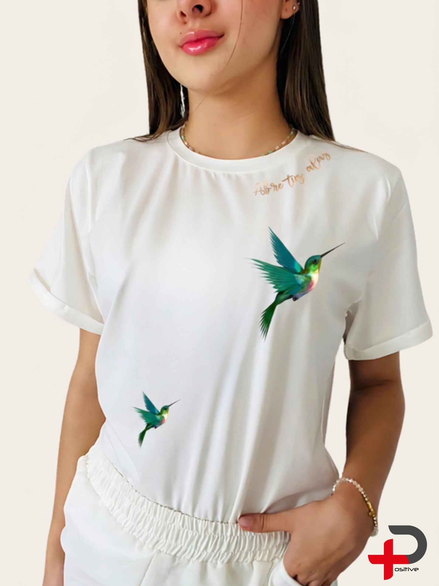 Camiseta básica estampada para mujer, mensaje, positivo, motivacional. (Colibrí-Abre tus alas)