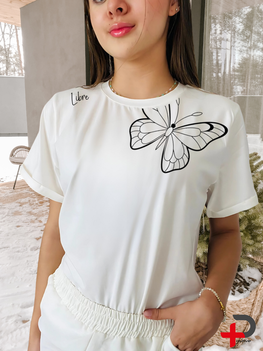 Camiseta básica estampada para mujer, mensaje, positivo, motivacional. (Libre-Mariposa)