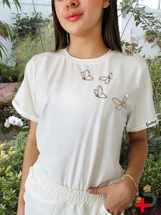Camiseta básica estampada para mujer, mensaje, positivo, motivacional. (Gratitud-Mariposa)