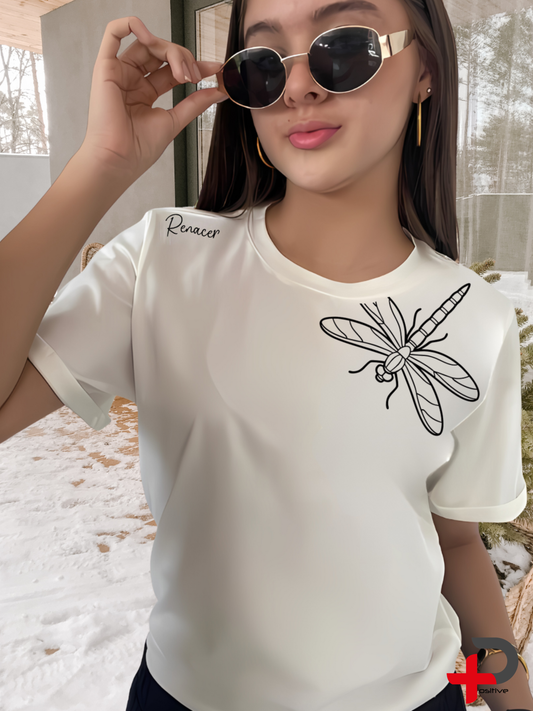 Camiseta básica estampada para mujer, mensaje, positivo, motivacional. (Renacer-Libelula)