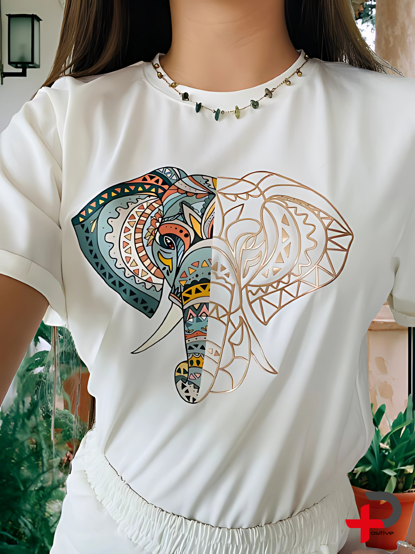 Camiseta manga corta básica  estampada para mujer,  positivo  (Elefante)