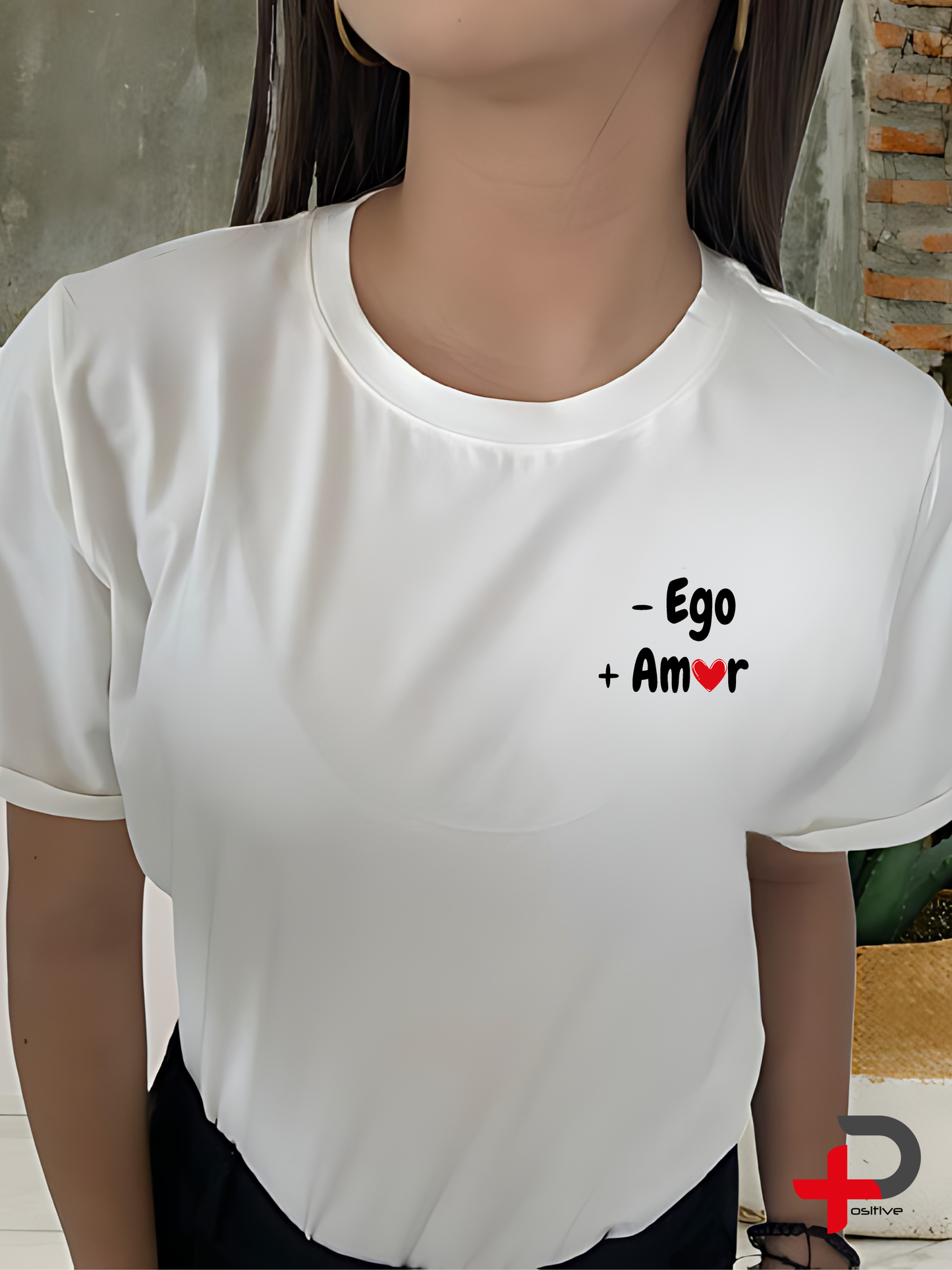 T-shirt básica blanca estampada para mujer, mensaje, frase, positivo (-Ego + Amor)