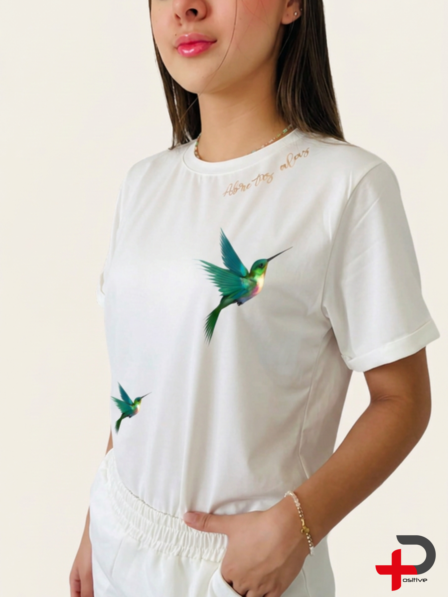 Camiseta básica estampada para mujer, mensaje, positivo, motivacional. (Colibrí-Abre tus alas)