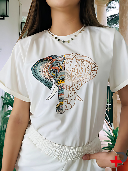 Camiseta manga corta básica  estampada para mujer,  positivo  (Elefante)