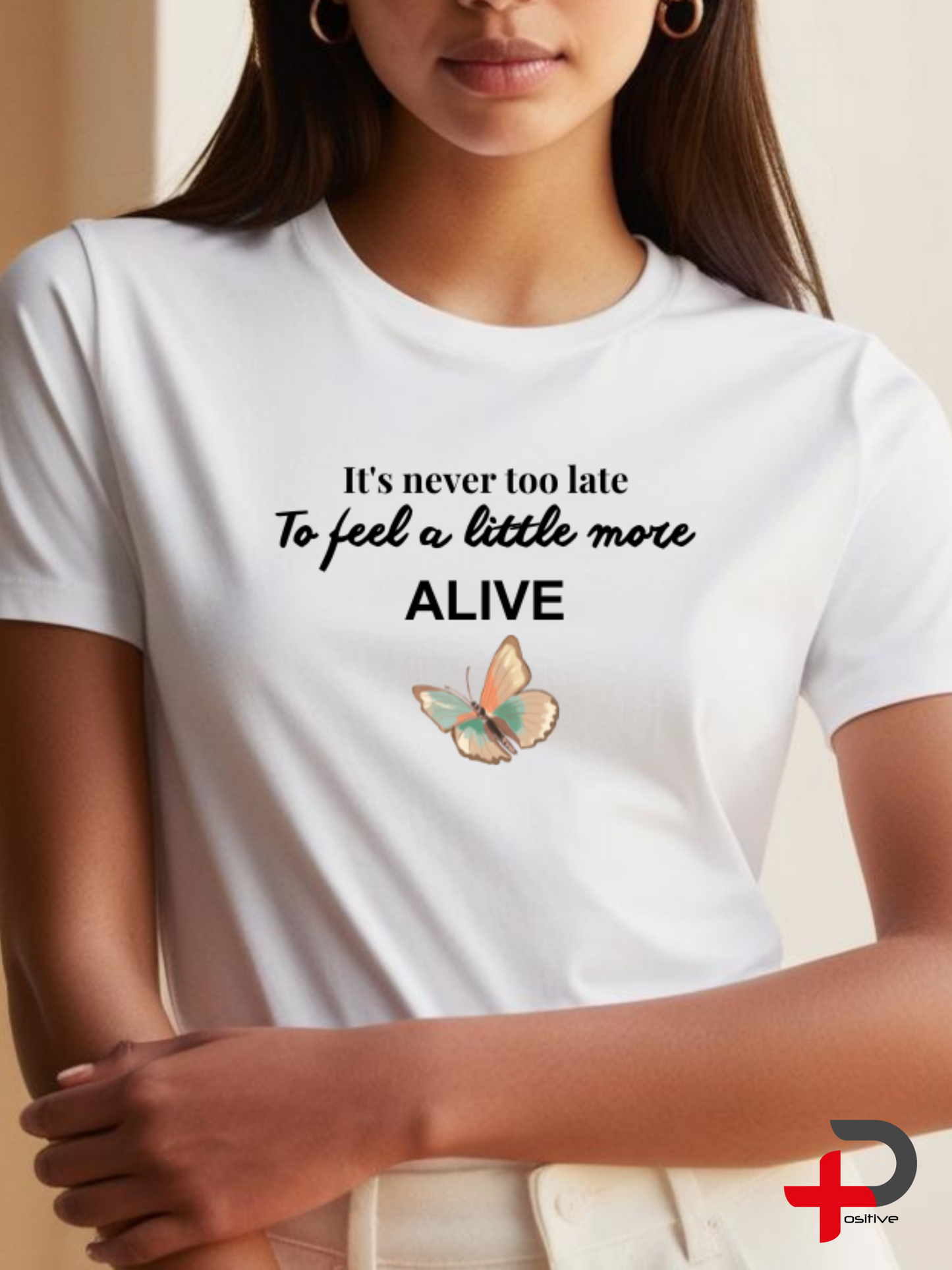Camiseta básica blanca estampada para mujer, mensaje, positivo, motivacional. (Nunca es demasiado tarde)