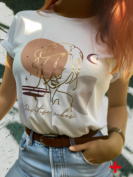 Camiseta básica blanca estampada para mujer, mensaje, frase, positivo (Vibras positivas)