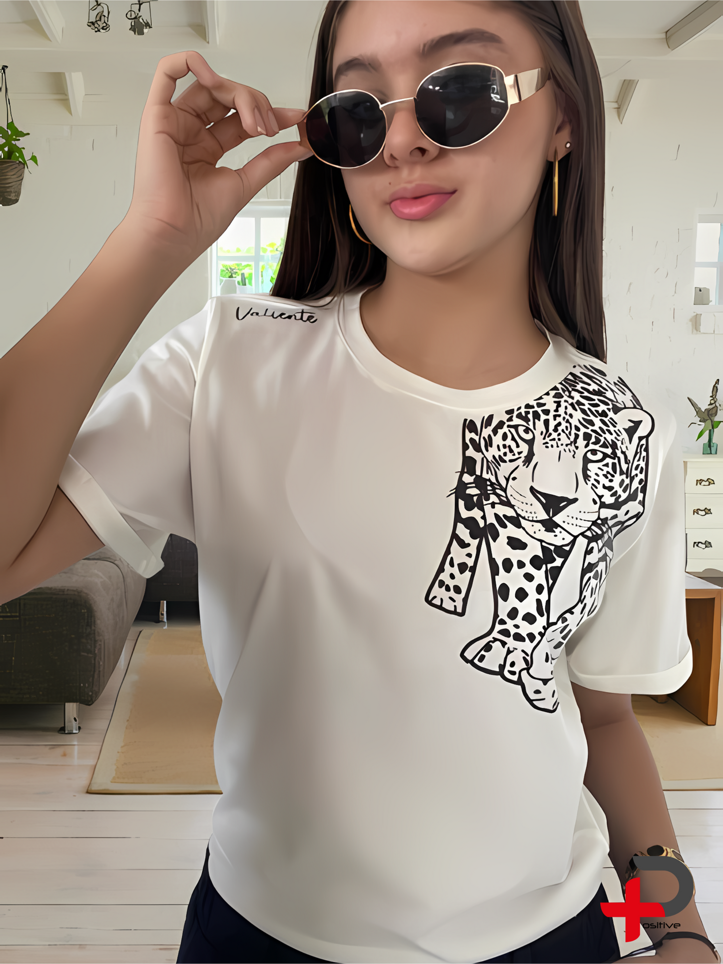 Camiseta básica  estampada para mujer, mensaje, positivo, motivacional. (Leopardo -Valiente)